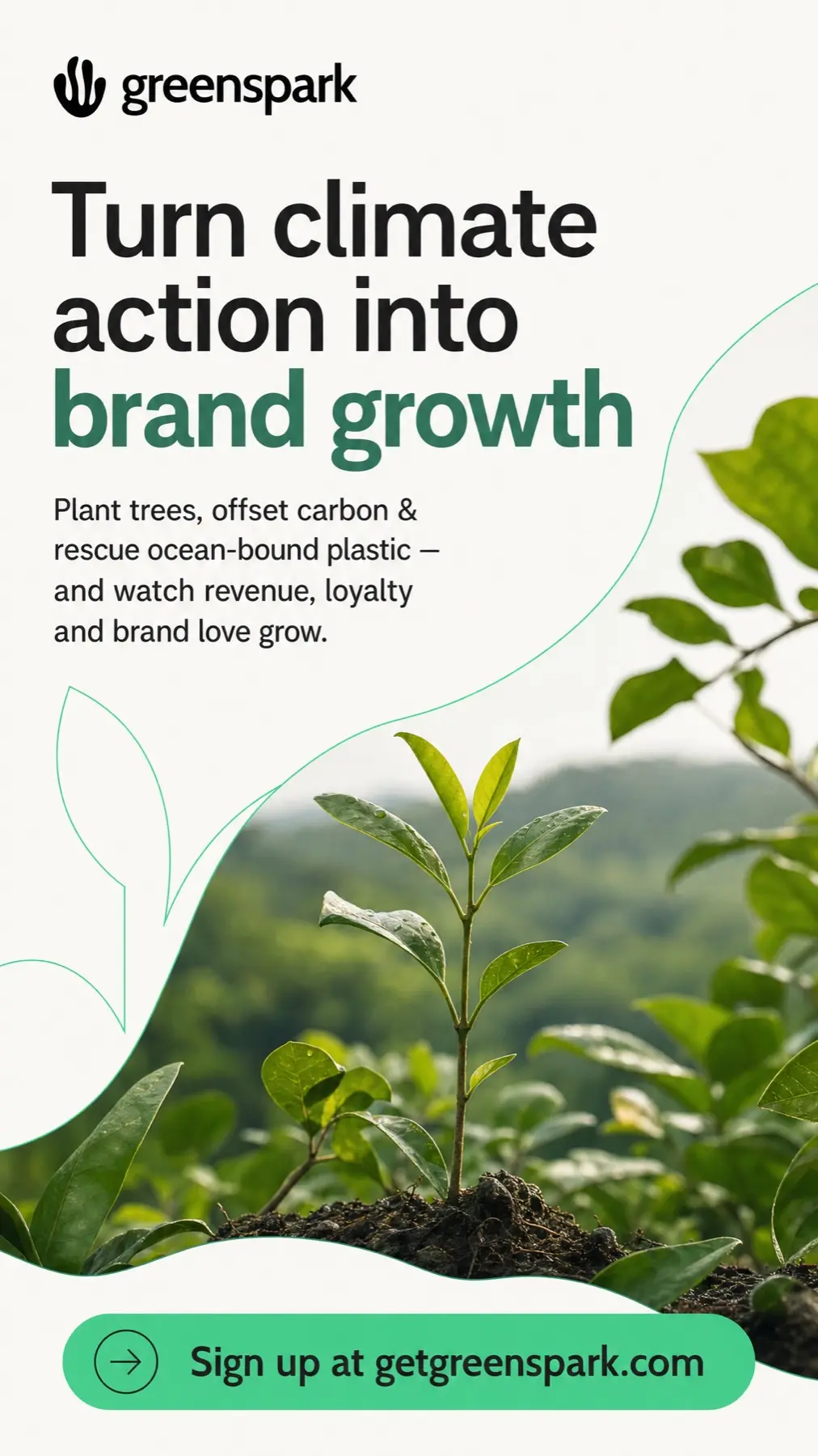 Greenspark story ad with a sapling and the headline Turn climate action into brand growth.