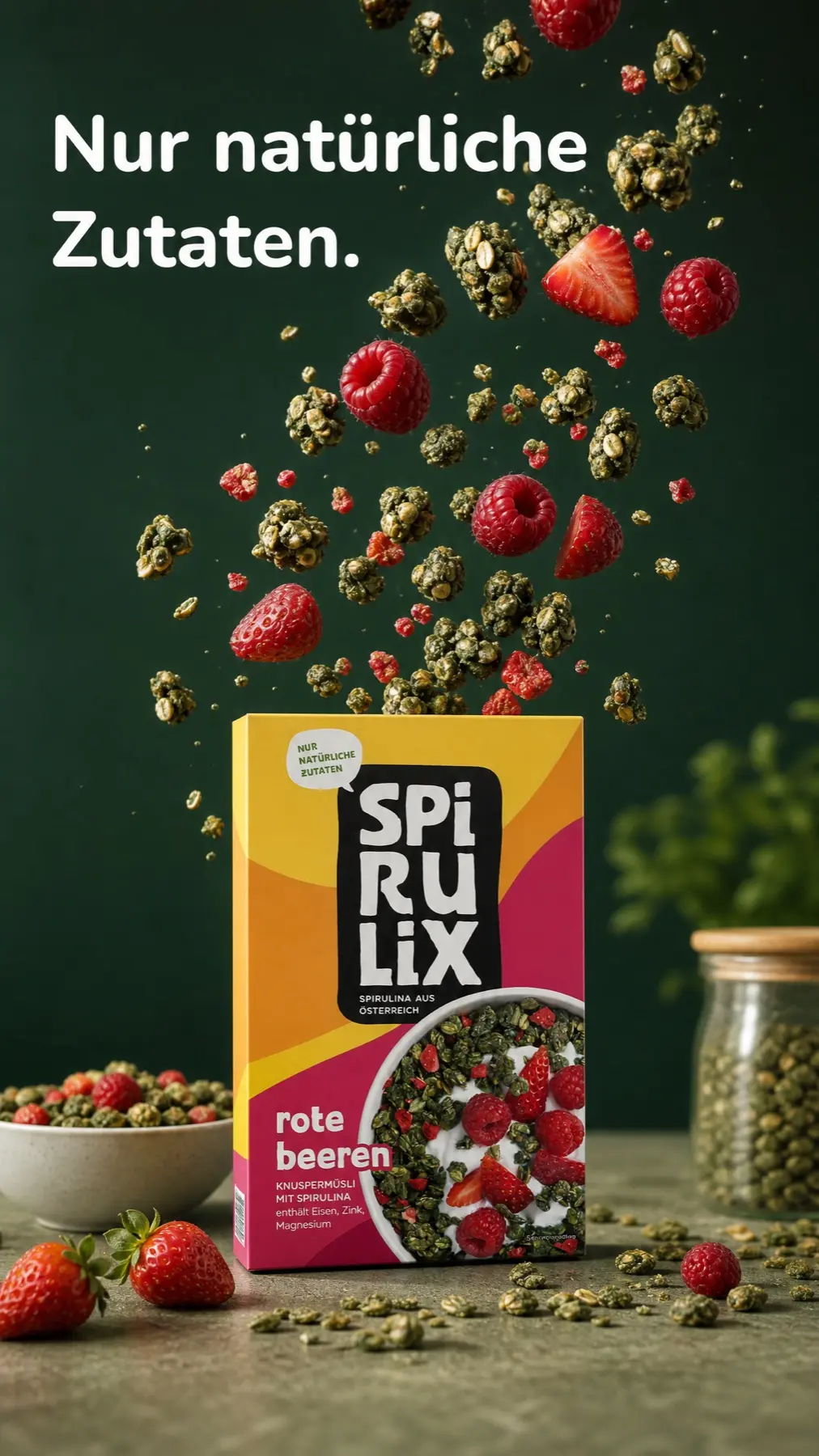 Vertical SPIRULIX Rote Beeren still with clusters and berries falling onto the carton