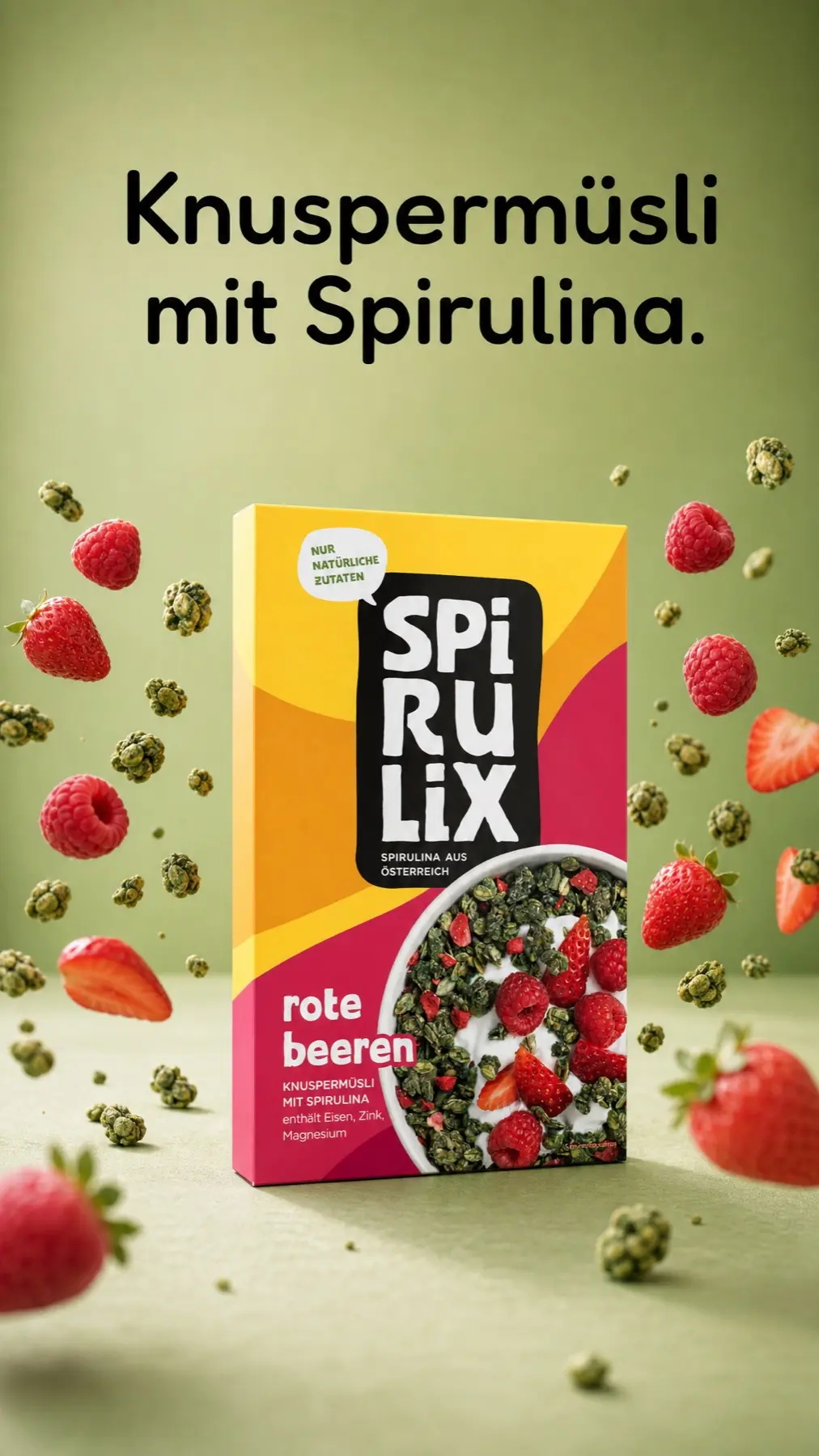 Vertical SPIRULIX Rote Beeren story with the carton centred on a soft green ground and falling berries