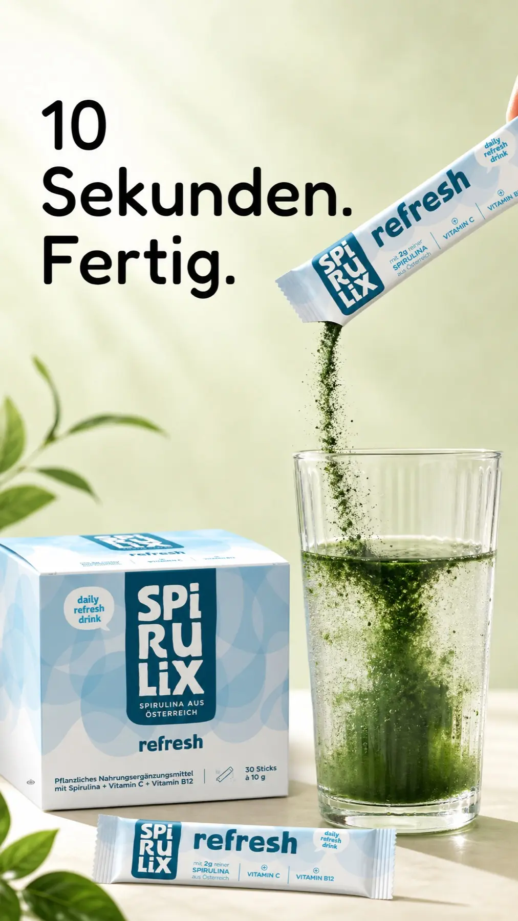 Vertical SPIRULIX Refresh still of powder pouring from a stick into a glass of water