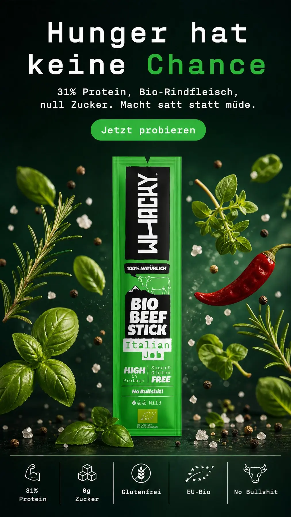 Vertical Whacky Italian Job story with herbs, chilli and a protein benefit strip