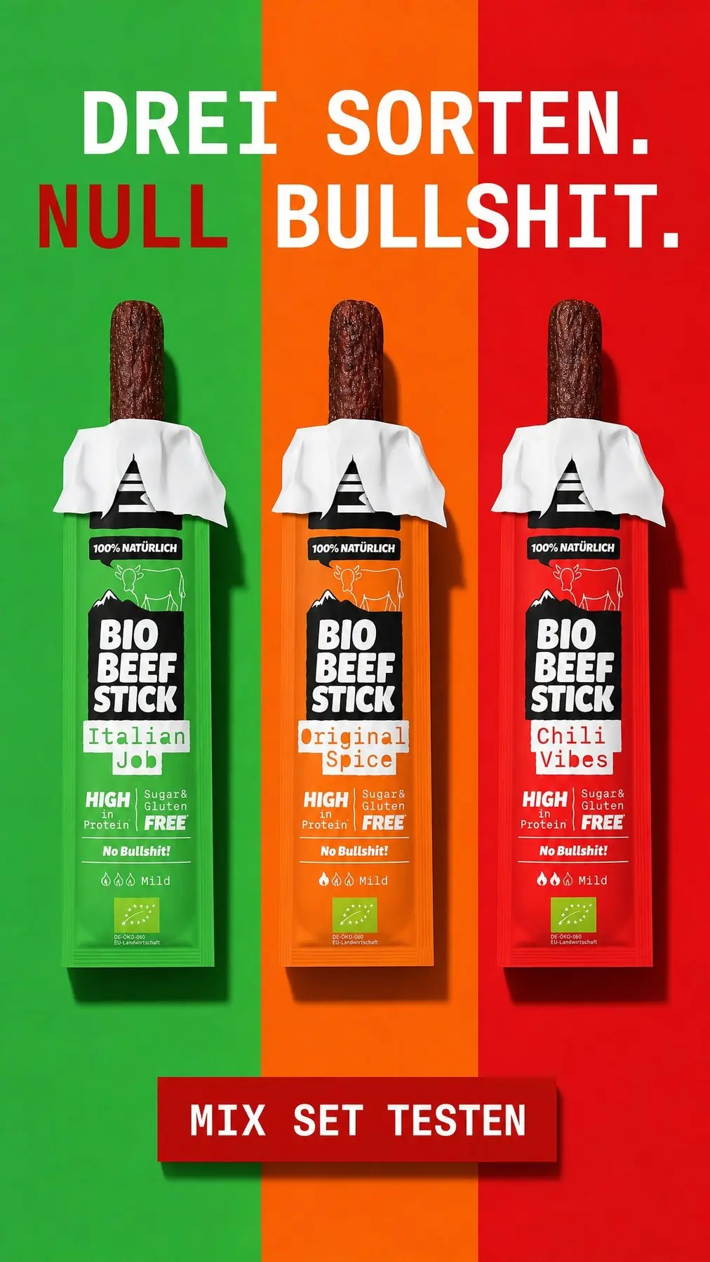 Vertical pop-art Whacky story of three flavour packs on green, orange and red panels