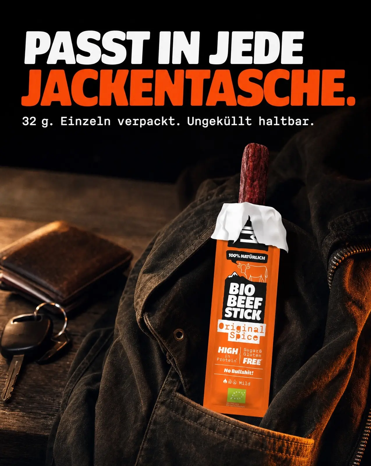 Whacky Original Spice in a jacket pocket, a feed ad for an on-the-go snack
