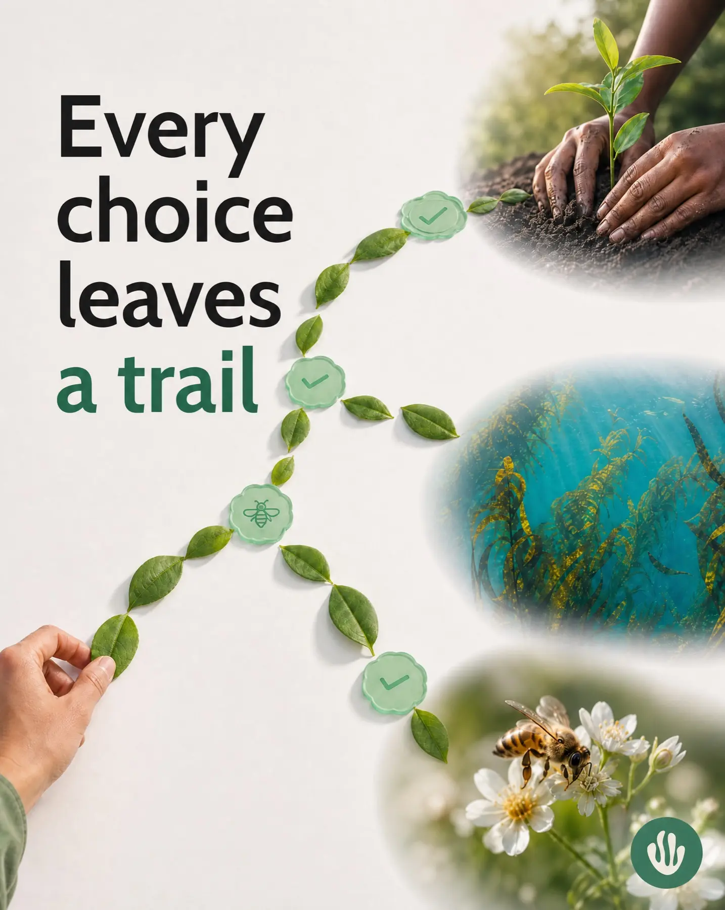 Greenspark campaign still of a leaf pathway connecting a hand to tree planting, kelp, and pollinator scenes.