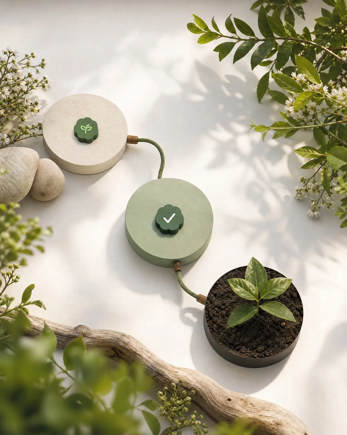Greenspark editorial still life of connected discs leading from a choice marker to a verified checkpoint and a potted sapling.