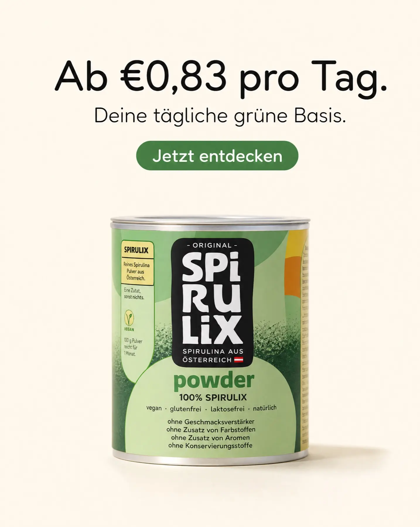 Clean studio SPIRULIX Powder tin on a cream ground with a daily-price headline