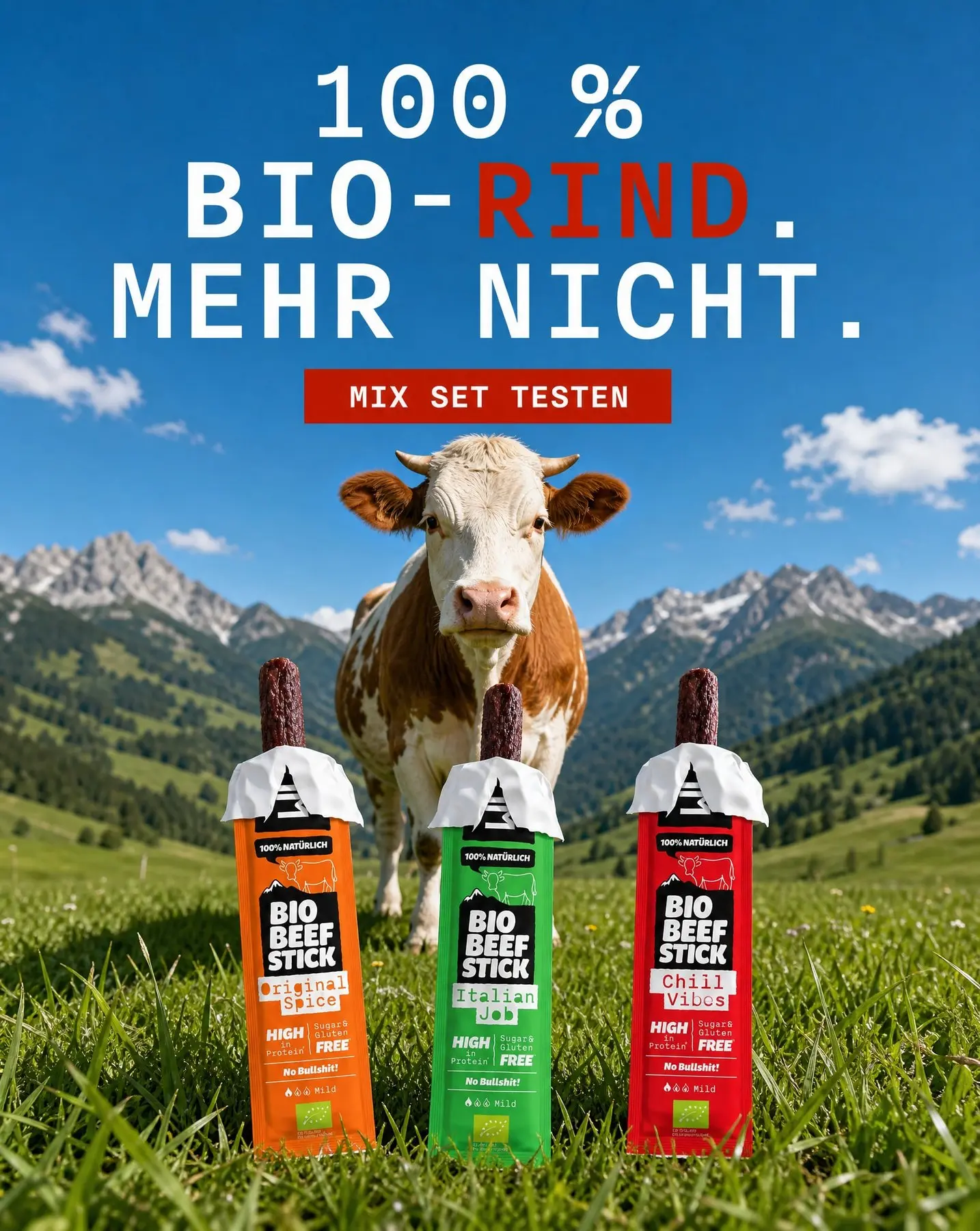 Whacky mix set in an alpine meadow with a cow behind Original Spice, Italian Job and Chili Vibes