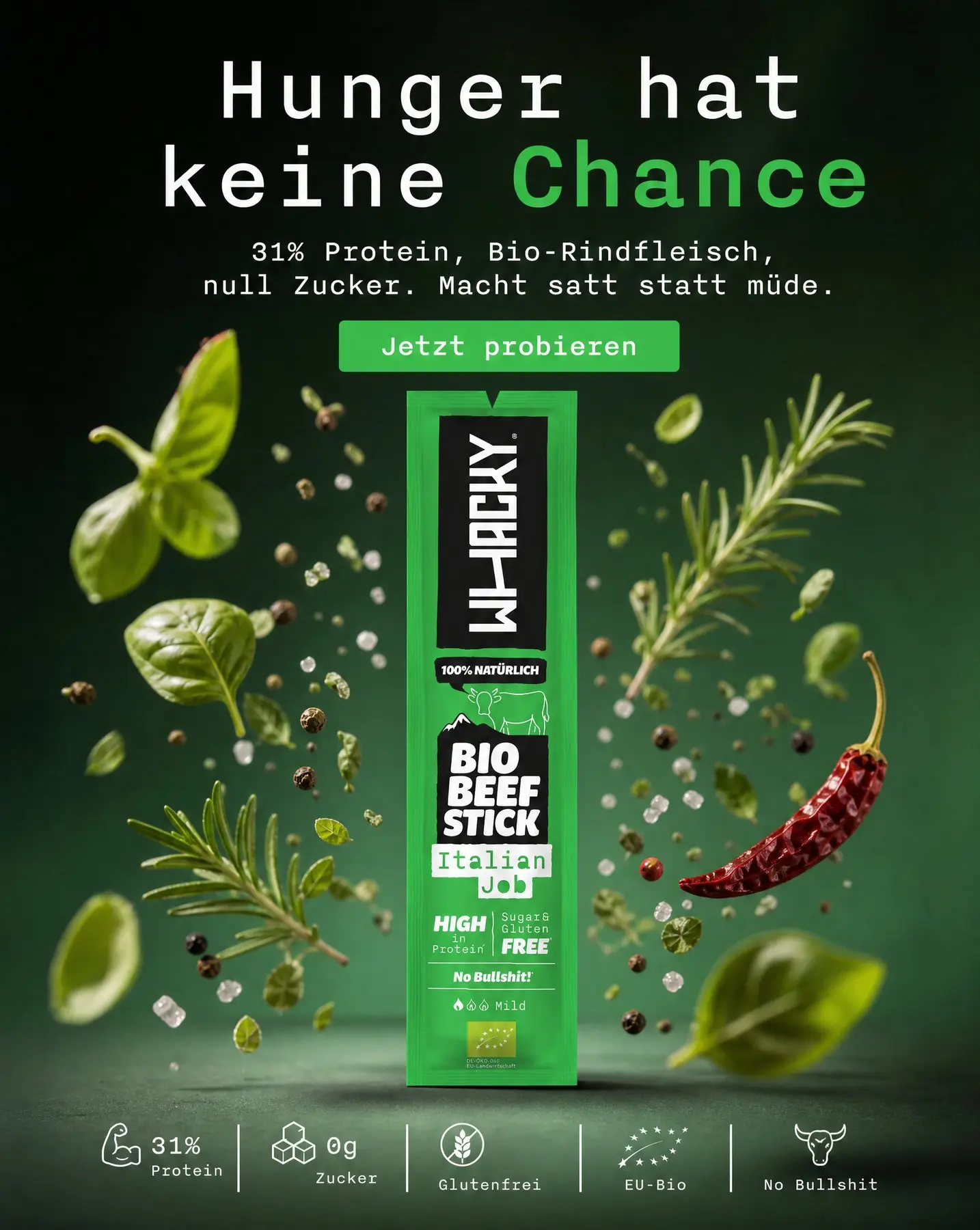 Whacky Italian Job feed ad with rosemary, basil, chilli and a protein benefit line