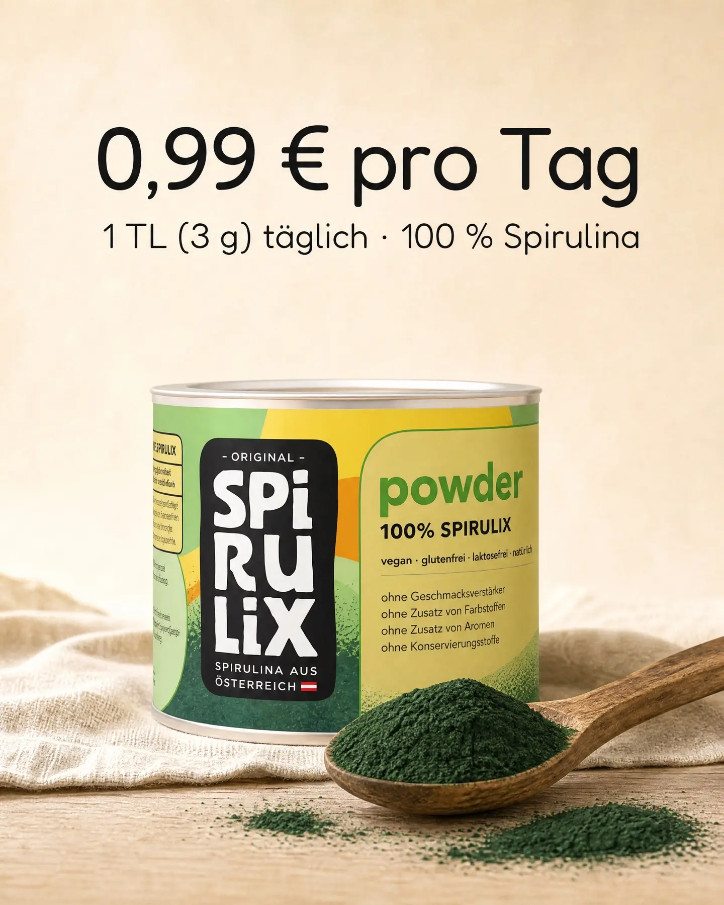SPIRULIX Powder tin on linen with a heaped wooden spoon of green powder