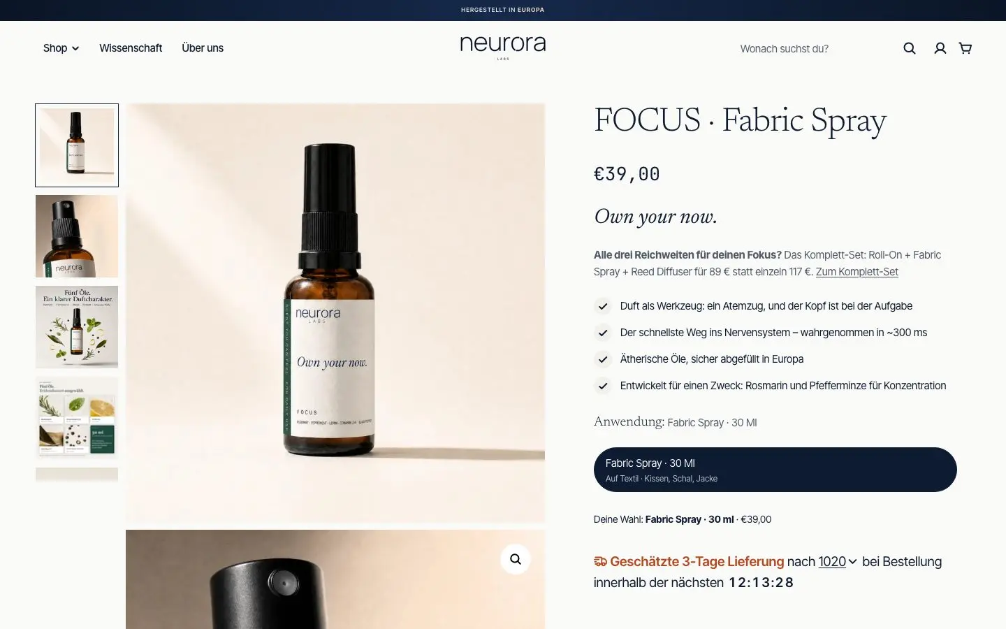 Live Neurora Focus Fabric Spray product page on Shopify