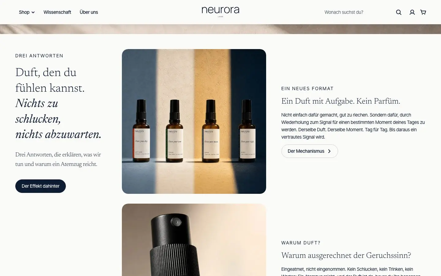 Live Neurora LABS homepage DREI ANTWORTEN module, showing a Brand Atlas daylight still of four fabric sprays