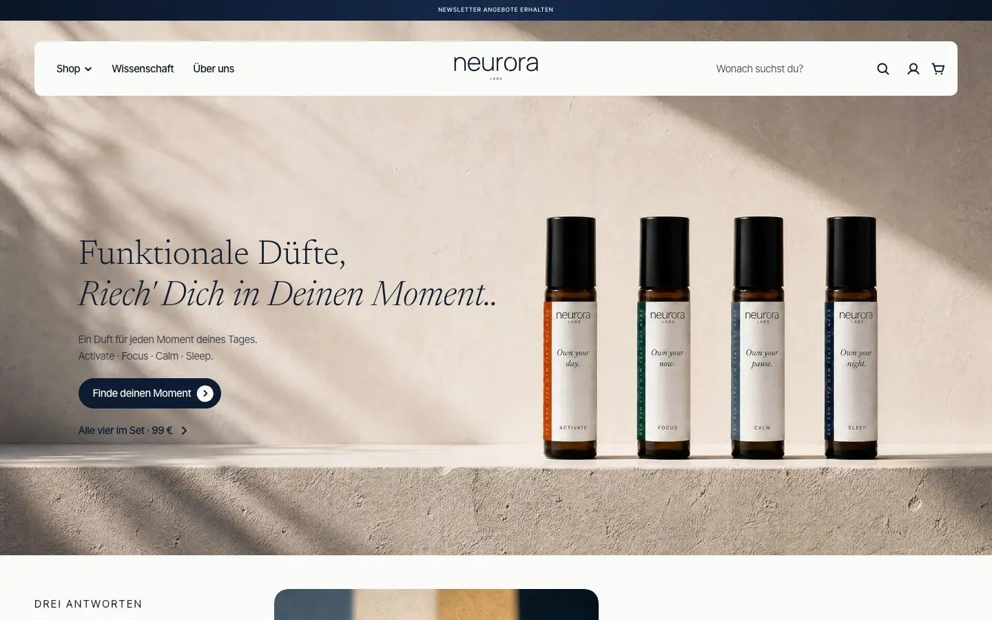 Live Neurora LABS homepage on Shopify, showing Brand Atlas-generated product imagery