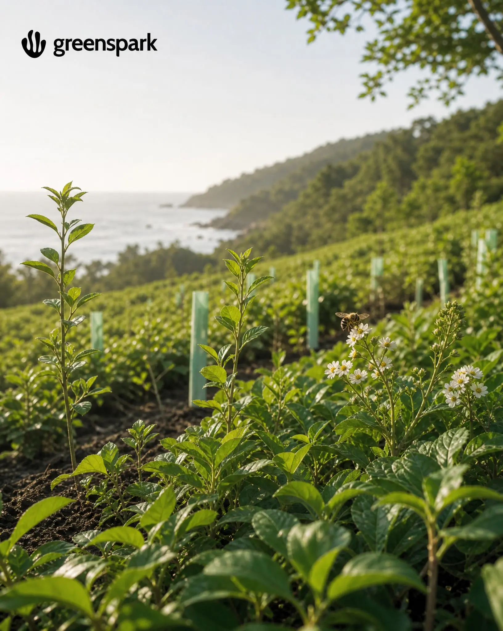 Greenspark campaign still of a coastal restoration hillside with saplings, wildflowers, a bee, and the Greenspark mark.
