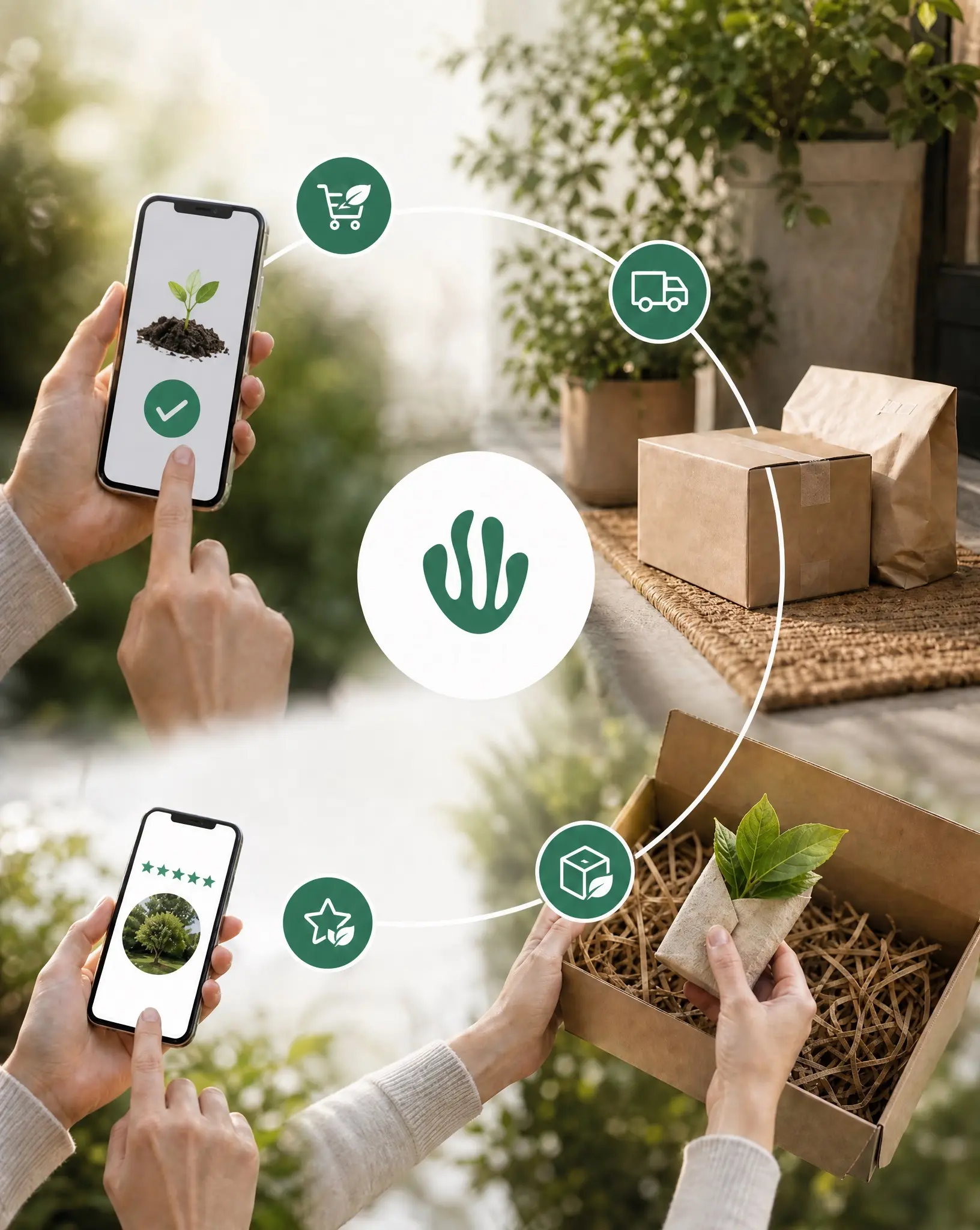 Greenspark customer-journey still linking a checkout phone, delivery, review, and a planted parcel.