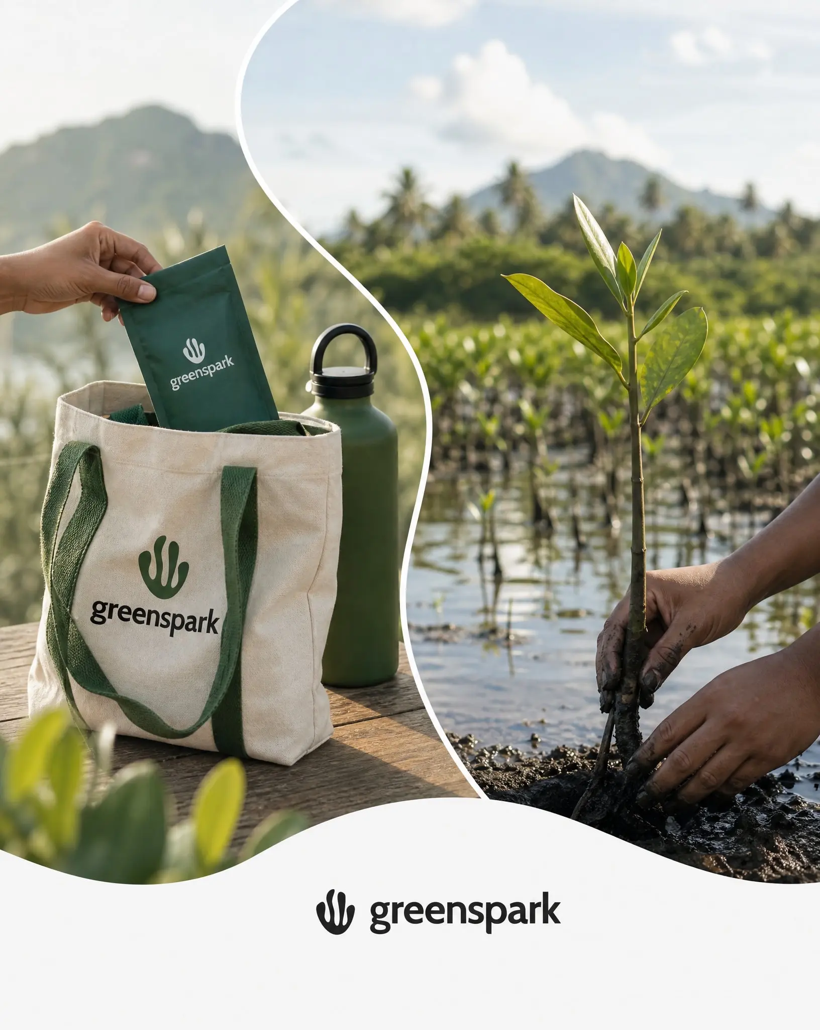 Greenspark split still of a branded tote beside hands planting a mangrove sapling in tidal water.