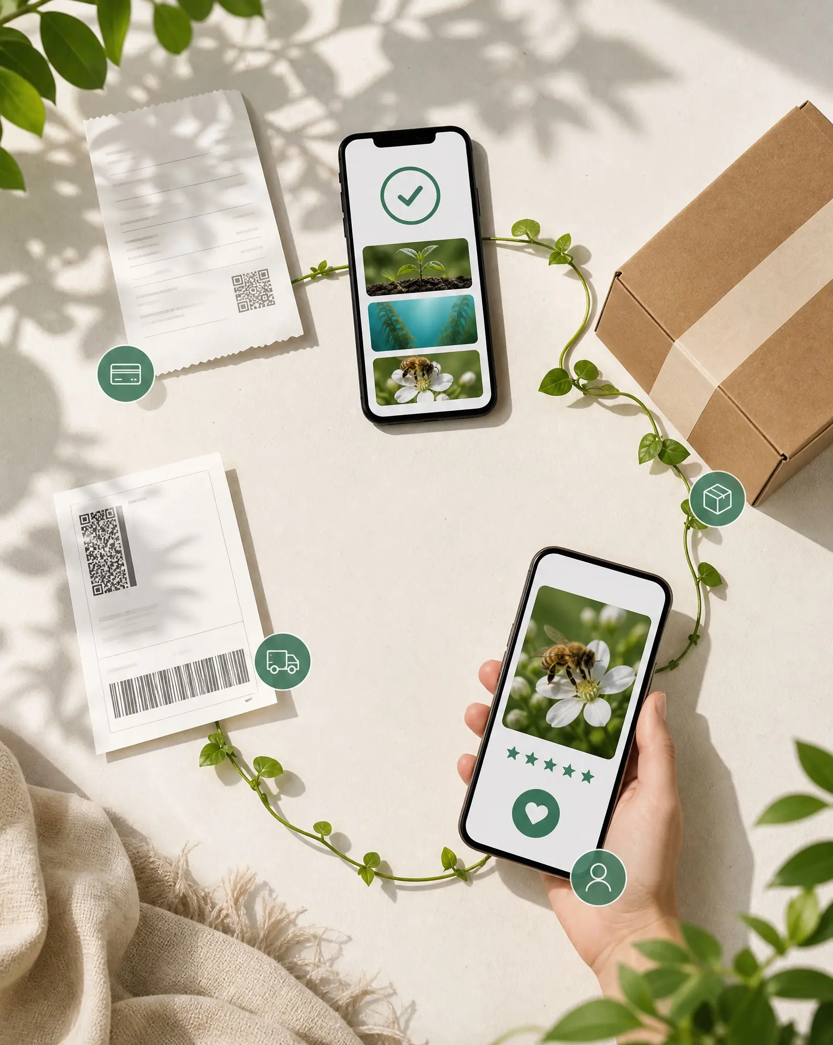 Greenspark tabletop still of a receipt, parcel, and phones connected by a vine, showing order confirmation and a review.