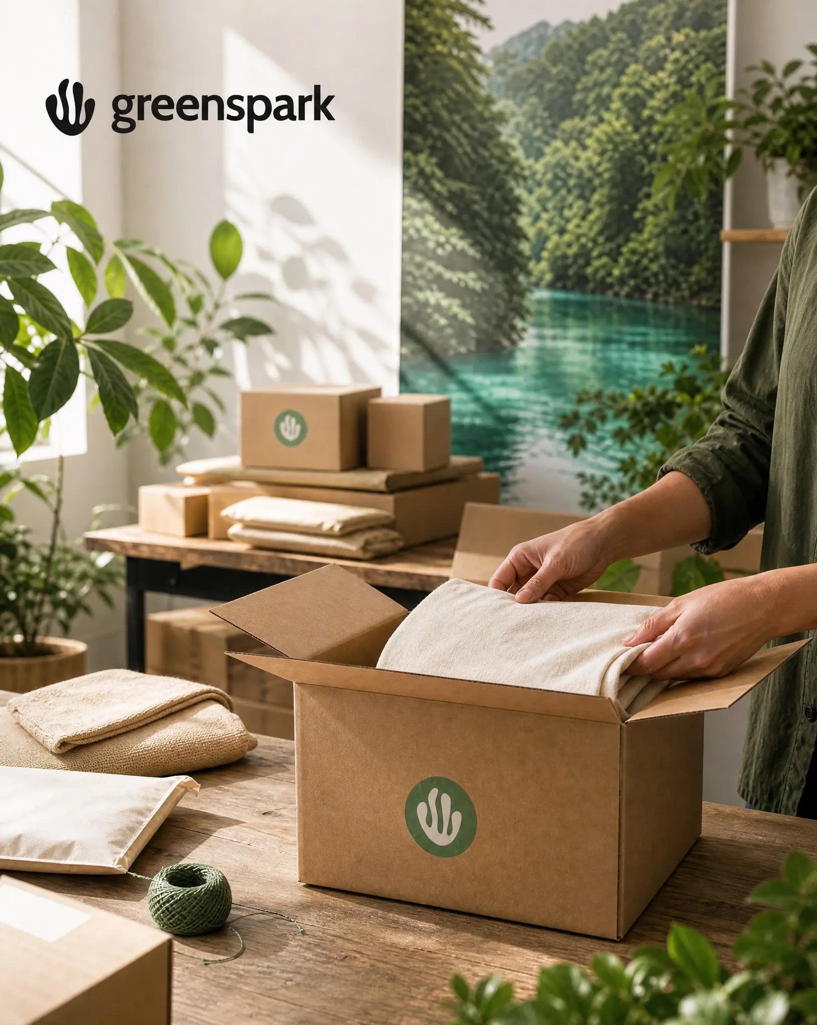 Greenspark studio still of hands packing a branded carton in front of a forest photograph.