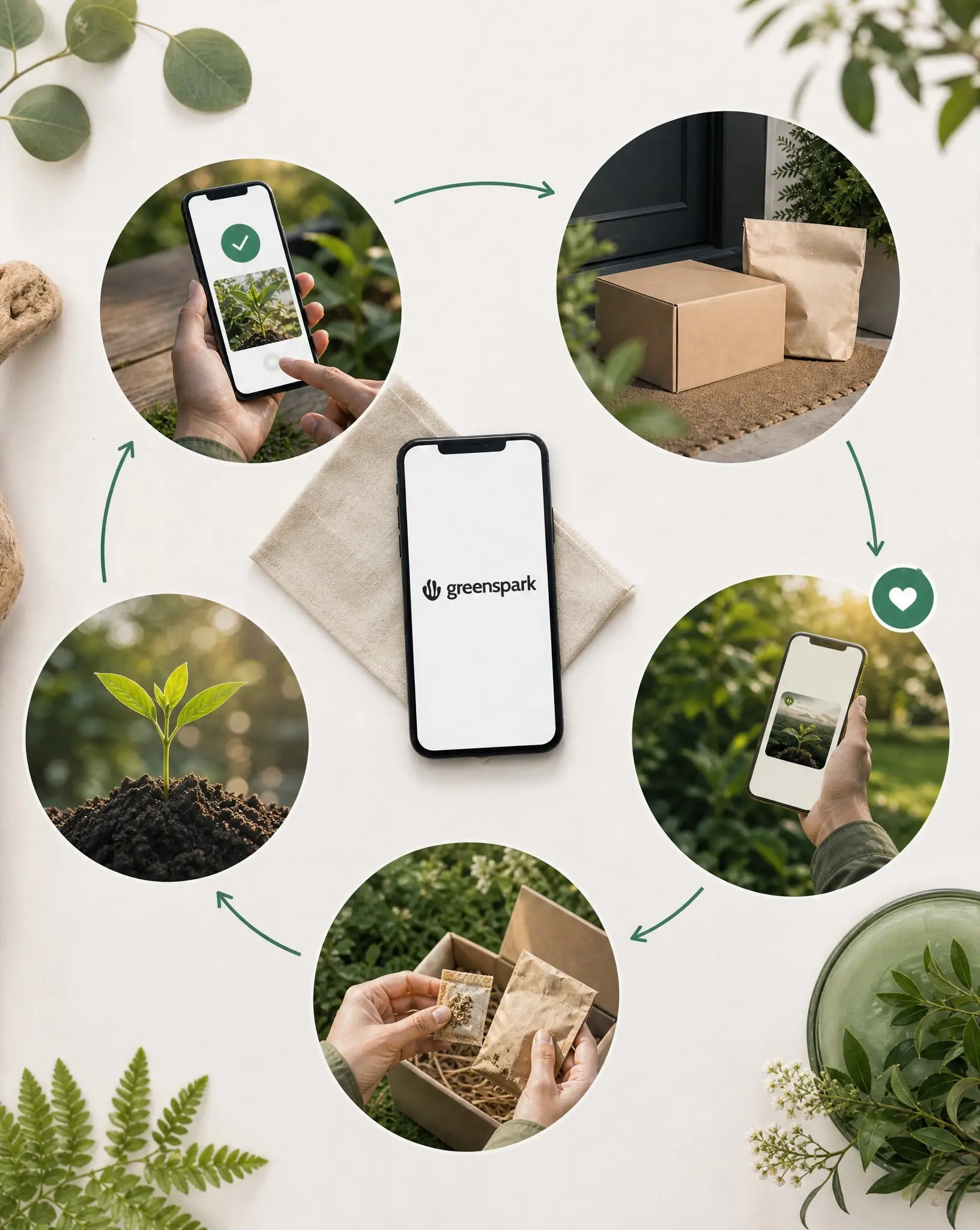 Greenspark customer-journey still life linking discovery, delivery, planting, and a phone with the Greenspark mark.