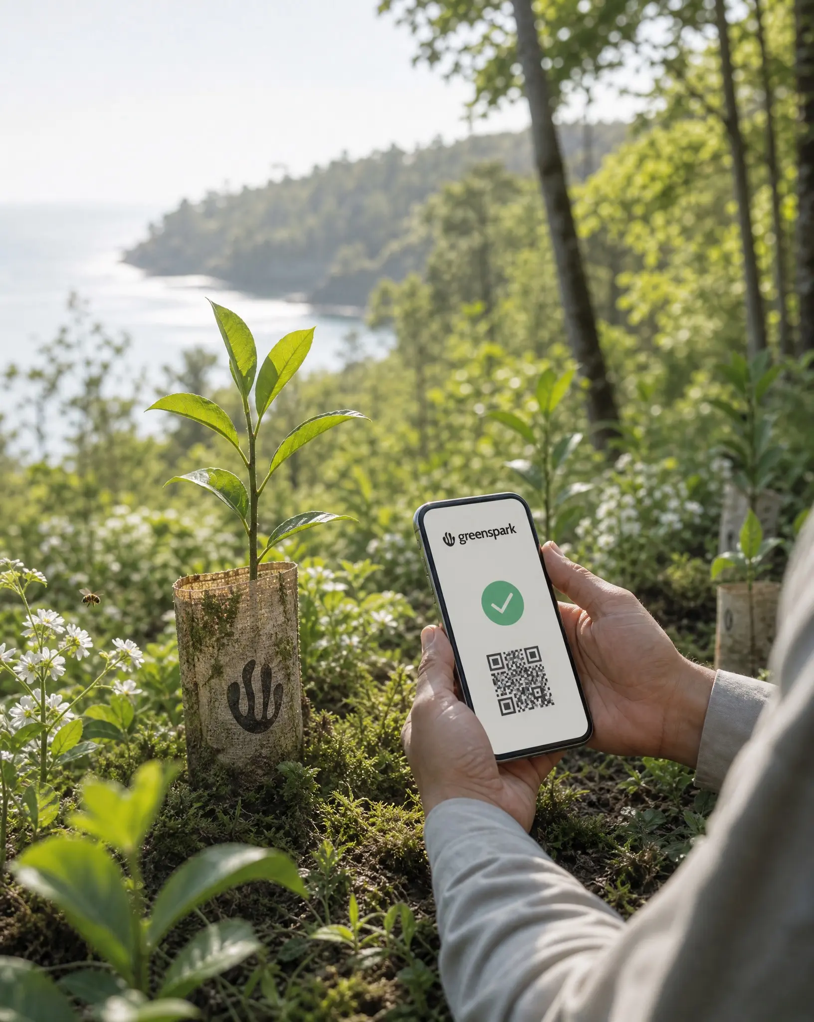 Greenspark campaign still of hands scanning a project QR among saplings on a coastal woodland hillside.