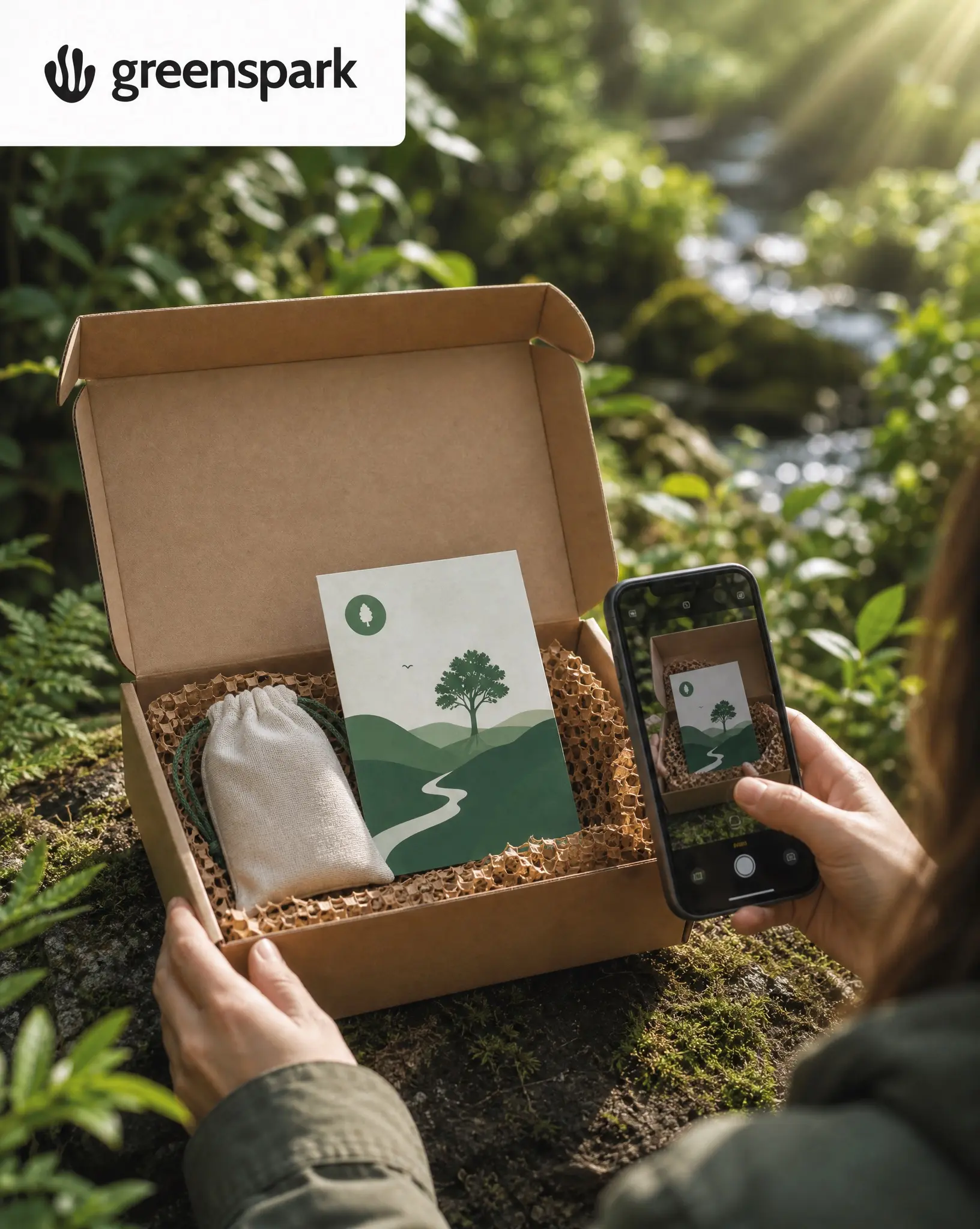 Greenspark unboxing still of a forest parcel with an impact card being photographed on a phone.