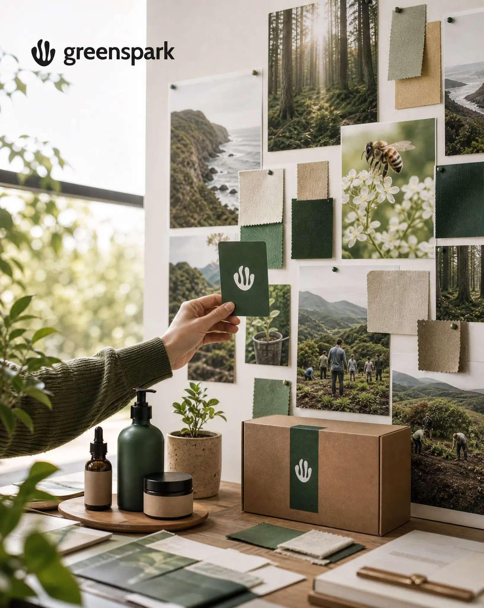 Greenspark brand-wall still of a hand placing a mark card among coastal, forest, and pollinator references.