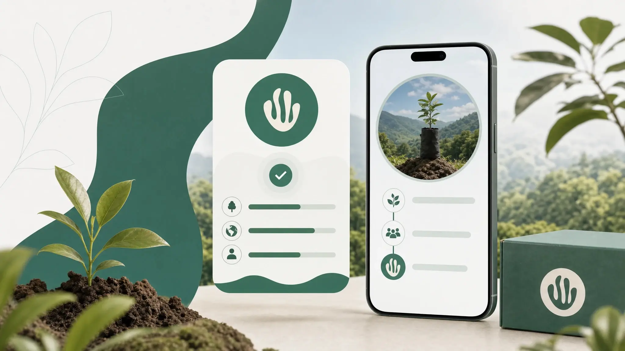 Greenspark website campaign still of a signup impact widget beside a phone showing a newly planted tree.