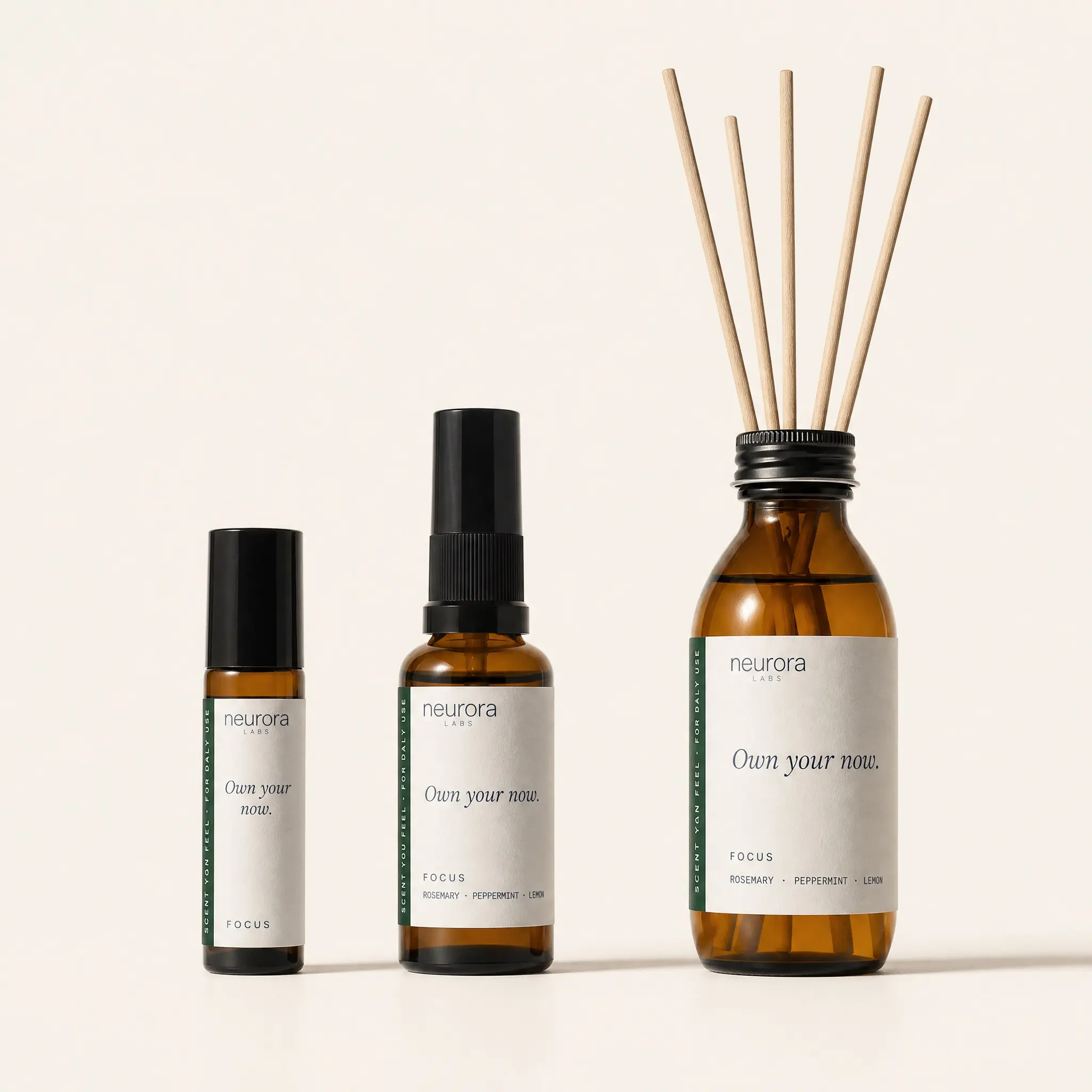 Three Focus formats — roll-on, spray and diffuser — with accurate Neurora labels