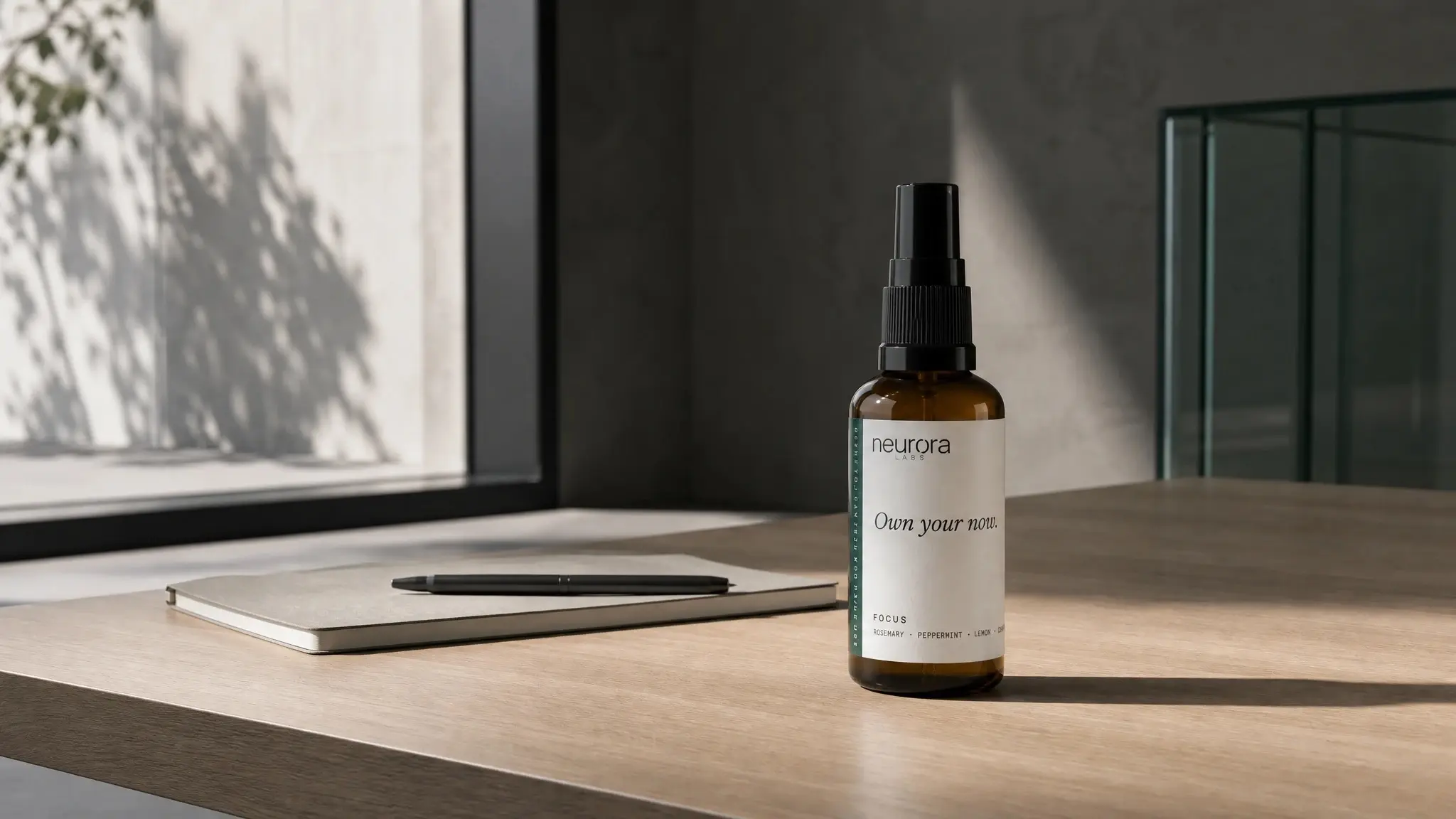 Neurora Focus fabric spray on a workspace desk