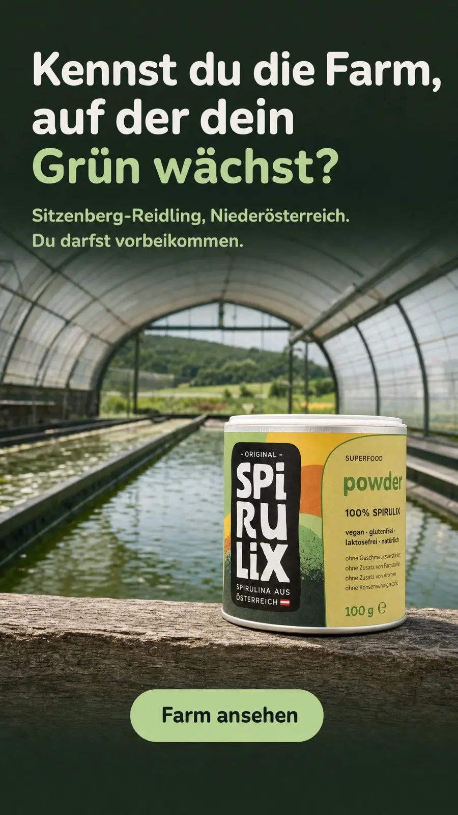 Vertical origin story of a SPIRULIX Powder tin on a wooden rail inside an algae-farm polytunnel