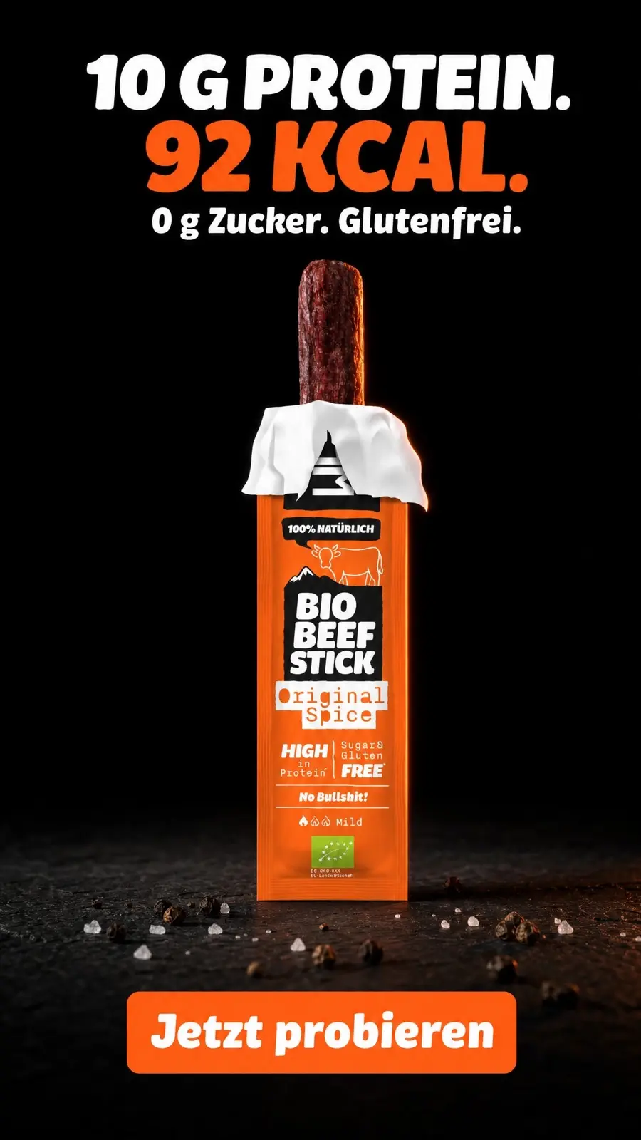 Vertical Whacky Original Spice story with 10 g protein and 92 kcal on a dark ground