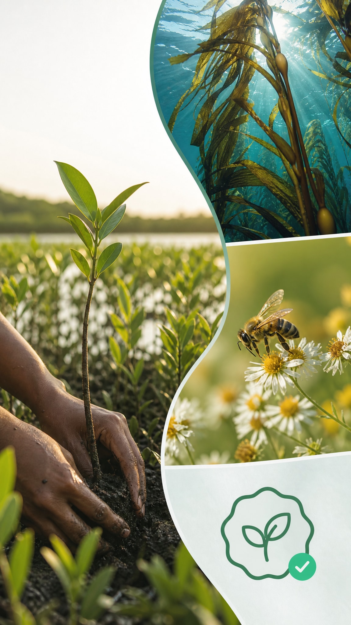 Story collage — planting, kelp, and pollinators