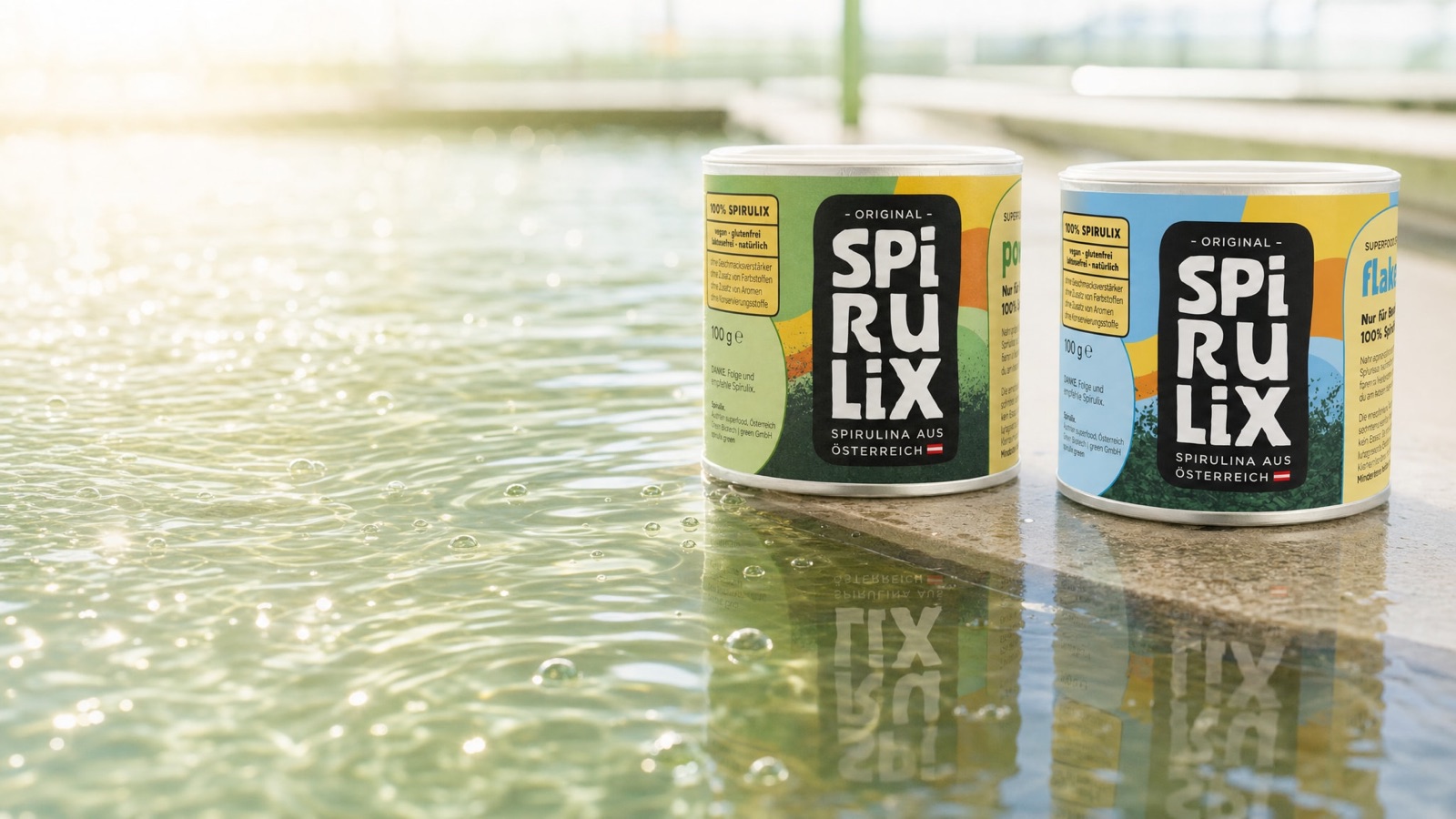 Sunlit basin — tins at the waterline